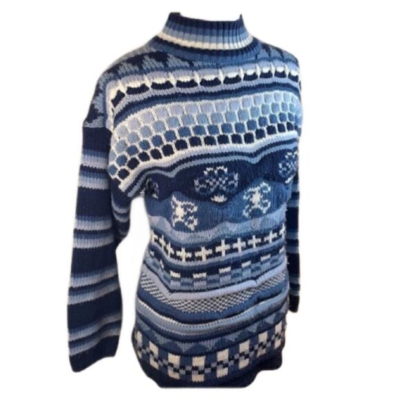 One Step Up Vintage Multicolored Blue Mock Neck Cozy Knit Sweater (Large) - Picture 1 of 16